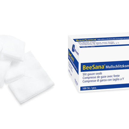 BeeSana® Mullschlitzkompresse, steril, 8- fach, 10 x 10 cm, 2 Stk - A+M Care